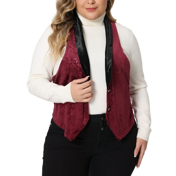 Agnes Orinda Plus Size Women's Waistcoat Vintage Velvet Lapel Collar Button Down Jacquard Waistcoats Vest 3X Burgundy