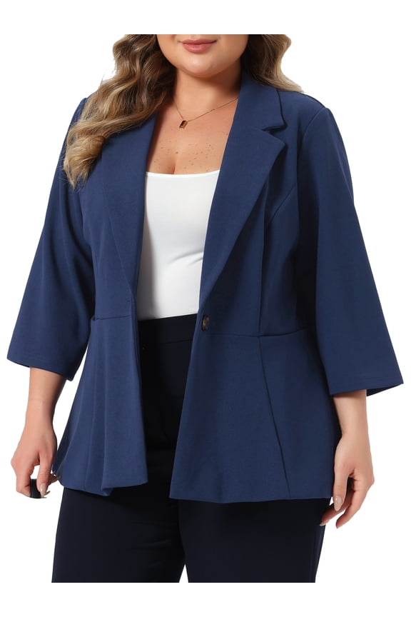 Women's Plus Size Blazer Lapel One Button 3/4 Sleeve Peplum Hem Work Office Business Casual Suit Jacket 1X Navy Blue