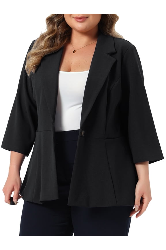 Women's Plus Size Blazer Lapel One Button 3/4 Sleeve Peplum Hem Work Office Business Casual Suit Jacket 3X Black