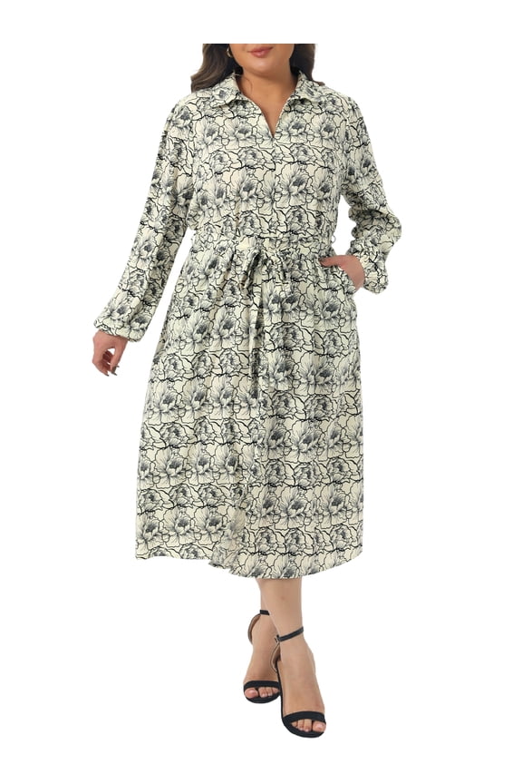 Plus Size Womens Polo Long Sleeve Belted Midi Dress Flowy Floral Pattern Dress with Pockets Casual Fall 2X Beige