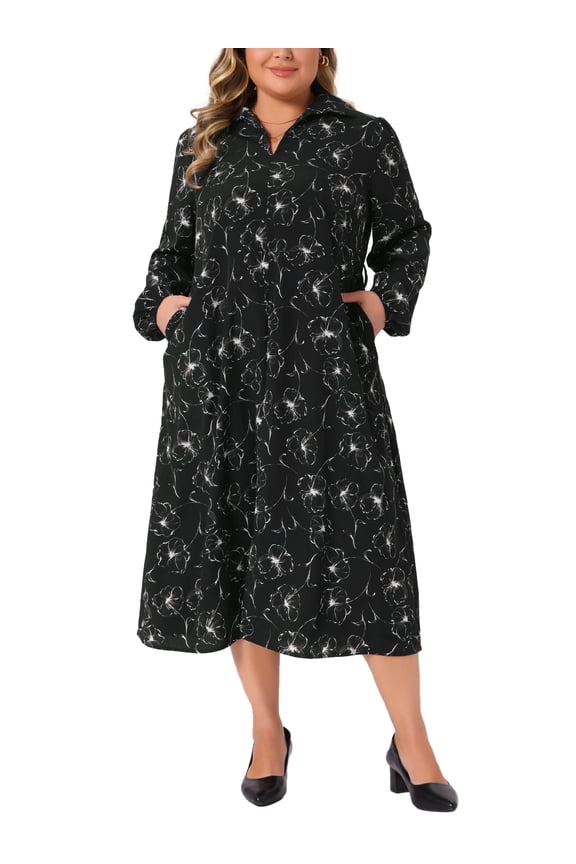 Plus Size Womens Polo Long Sleeve Belted Midi Dress Flowy Floral Pattern Dress with Pockets Casual Fall 2X Black