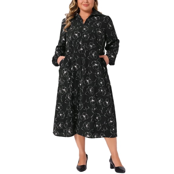 Agnes Orinda Plus Size Halloween Outfits Womens Polo Long Sleeve Belted Midi Dress Flowy Floral Pattern Dress with Pockets Casual Fall 2X Black
