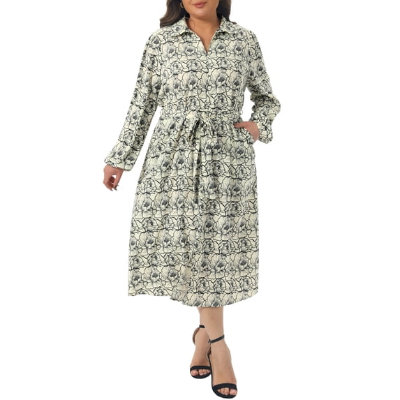 Agnes Orinda Plus Size Halloween Outfits Womens Polo Long Sleeve Belted Midi Dress Flowy Floral Pattern Dress with Pockets Casual Fall 3X Beige