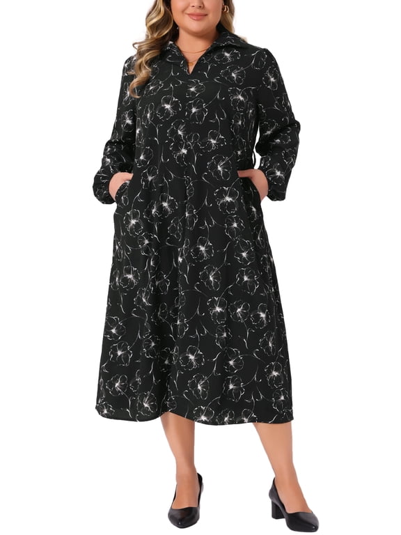 Plus Size Halloween Outfits Womens Polo Long Sleeve Belted Midi Dress Flowy Floral Pattern Dress with Pockets Casual Fall 3X Black