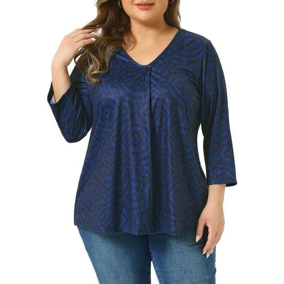 Agnes Orinda Women's Plus Size V Neck 3/4 Elbow Sleeve Top Botanical Print Blouse Tunic t Shirt Tops Casual Dressy 1X Navy Blue