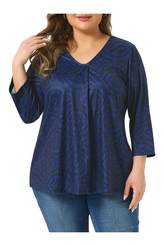 Women's Plus Size V Neck 3/4 Elbow Sleeve Top Botanical Print Blouse Tunic t Shirt Tops Casual Dressy 3X Navy Blue