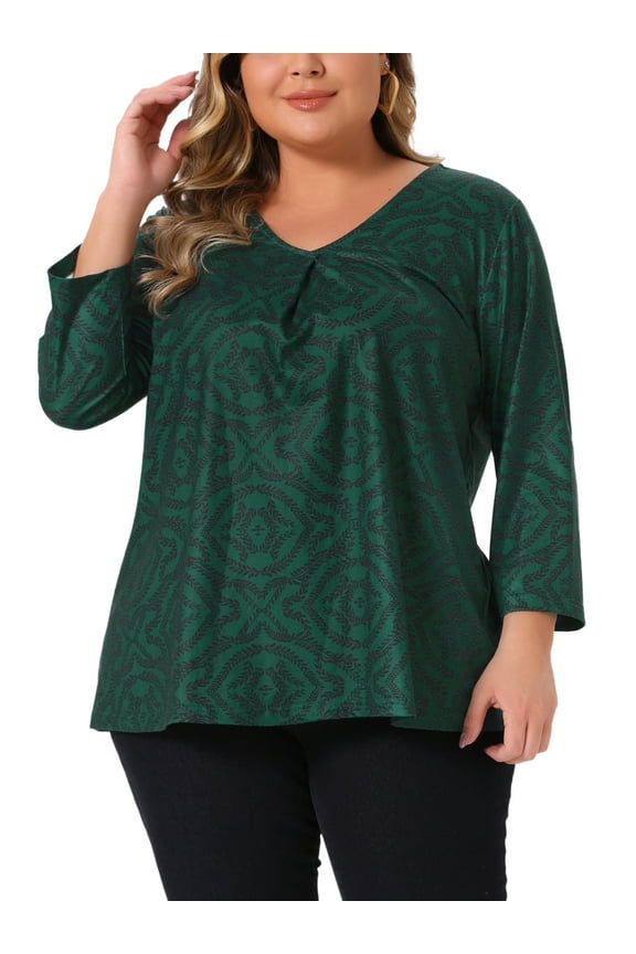 Plus Size Womens V Neck 3/4 Elbow Sleeve Top Botanical Print Blouse Tunic t Shirt Tops Casual Dressy 4X Dark Green