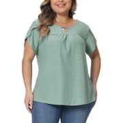 Agnes Orinda Women's Plus Size Tops Petal Sleeve Pleated Casual Keyhole Crew Neck Loose Blouses 1X Green