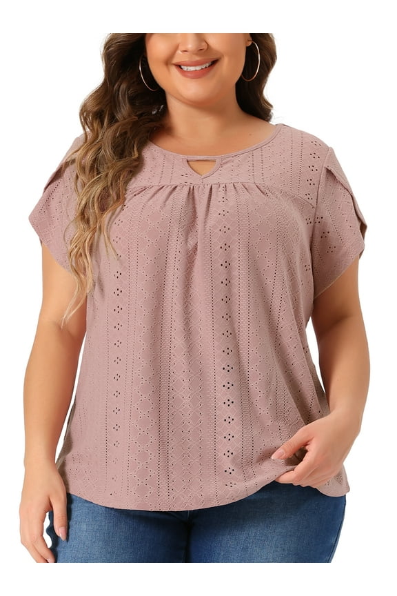Women's Plus Size Tops Keyhole Crew Neck Petal Sleeve Pleated Casual Blouses 2X Pink