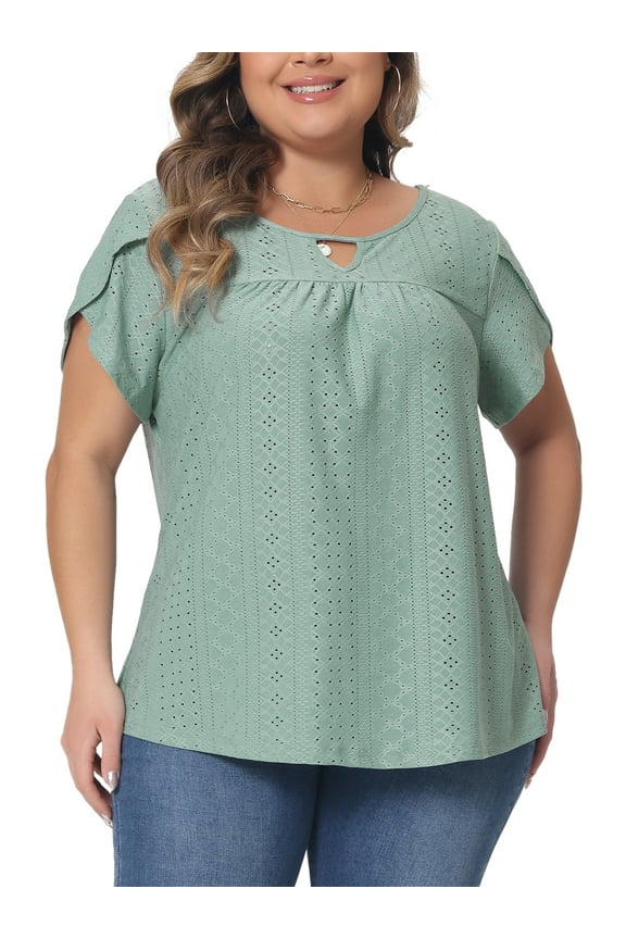 Women's Plus Size Tops Keyhole Crew Neck Petal Sleeve Pleated Casual Blouses 3X Green