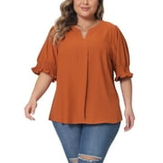 AGNES ORINDA Women's Plus Size Chiffon Top Notched V Neck Puff Short Sleeve Casual Solid Blouse 4X Orange