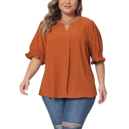 Agnes Orinda Women's Plus Size Chiffon Top Notched V Neck Puff Short Sleeve Casual Solid Blouse 2X Orange