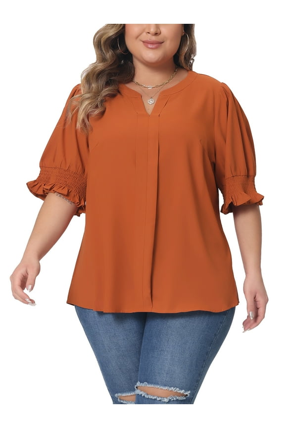 Women's Plus Size Chiffon Top Notched V Neck Puff Short Sleeve Casual Solid Blouse 1X Orange
