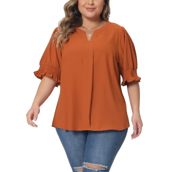Agnes Orinda Women's Plus Size Chiffon Top Notched V Neck Puff Short Sleeve Casual Solid Blouse 2X Orange
