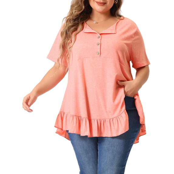 Agnes Orinda Plus Size T Shirts for Women Henley V Neck Button Up Short Sleeve Ruffled Hem Blouses Tops 3X Pink