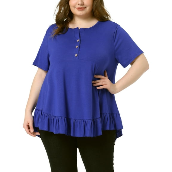 Agnes Orinda Plus Size T Shirts for Women Henley V Neck Button Up Short Sleeve Ruffled Hem Blouses Tops 4X Royal Blue