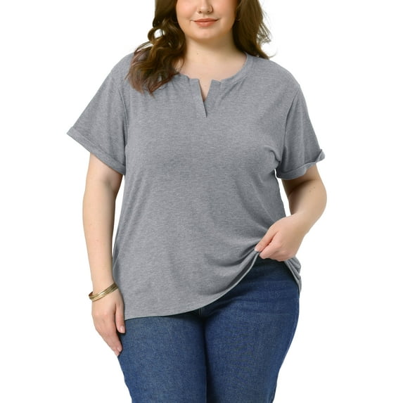 Agnes Orinda Women's Plus Size T-Shirts Notched V Neck Rolled Short Sleeve Soft Casual Summer Tees Tops 2025 1X Gray