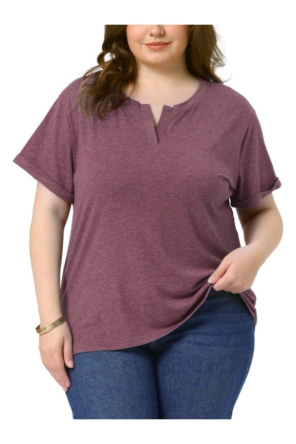 Women's Plus Size T-Shirts Notched V Neck Rolled Short Sleeve Soft Casual Summer Tees Tops 2025 2X Burgundy