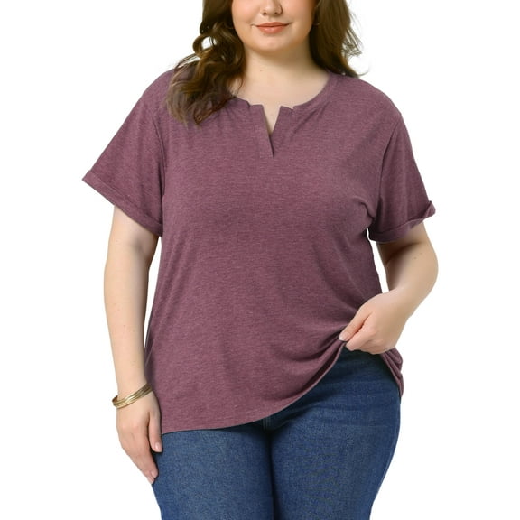 Agnes Orinda Women's Plus Size T-Shirts Notched V Neck Rolled Short Sleeve Soft Casual Summer Tees Tops 2025 5X Burgundy