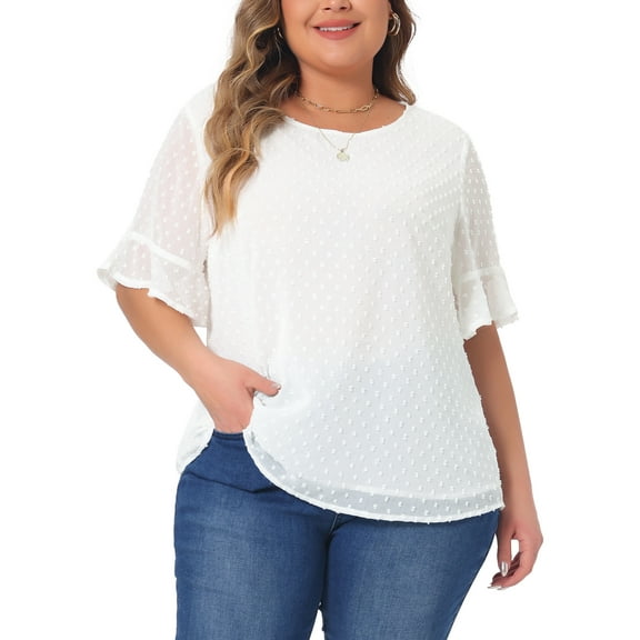 Agnes Orinda Women's Plus Size Top Swiss Dots Blouse Round Neck Ruffle Sleeve Casual Tee Shirt 1X White