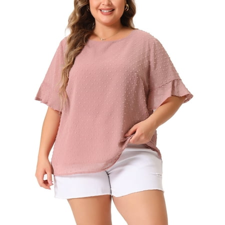 Agnes Orinda Women's Plus Size Top Swiss Dots Blouse Round Neck Ruffle Sleeve Casual Tee Shirt 4X Dark Pink