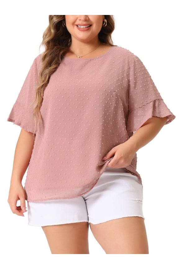 Women's Plus Size Top Swiss Dots Blouse Round Neck Ruffle Sleeve Casual Tee Shirt 4X Dark Pink