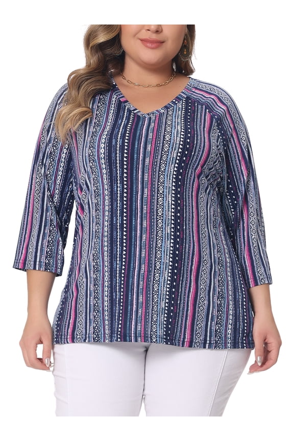 Women's Plus Size Tops V Neck 3/4 Sleeve Knit Tee Shirt Stripe Boho Blouses 3X Navy Blue