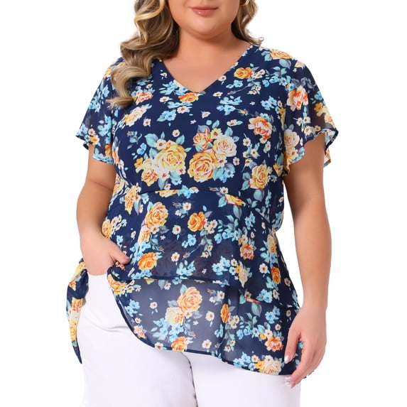Agnes Orinda Women's Plus Size Tops 2026 Summer V Neck Short Sleeve Layered Casual Floral Blouse 1X Dark Blue