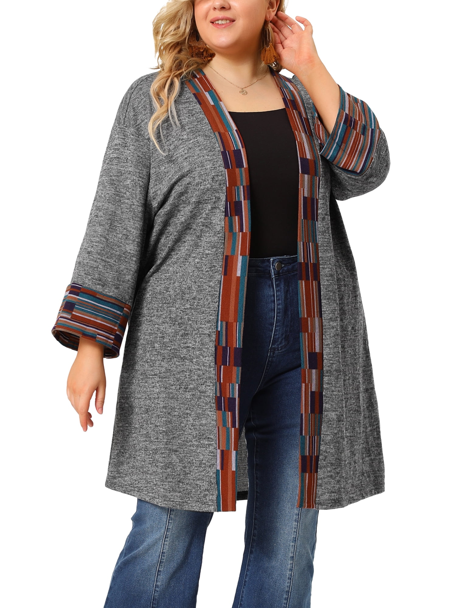 Agnes Orinda Women Plus Size Boho 3/4 Sleeves Open Front Cardigan Dark