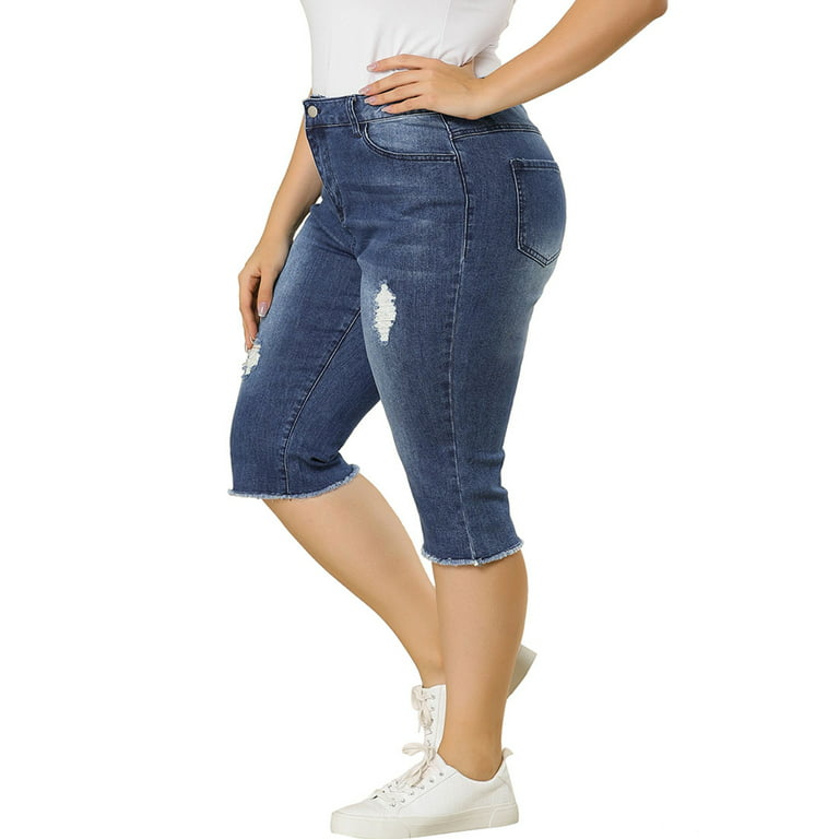 Agnes Orinda Women Plus Size Capri Jeans Ripped Slash Pocket Raw Hem Denim  Jean Blue 21