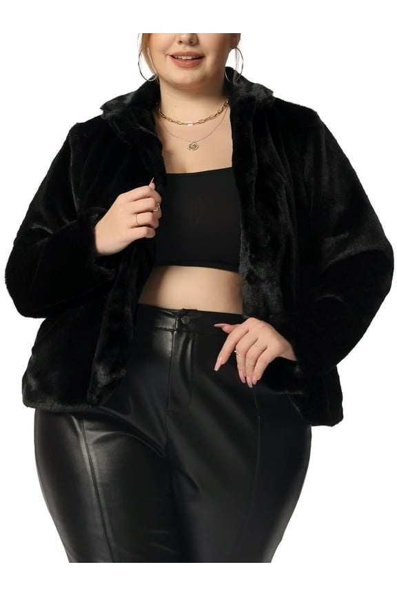 Women Plus Size Coat for Cardigan Jacket Notch Lapel Faux Fur Fluffy Coats 2X Black