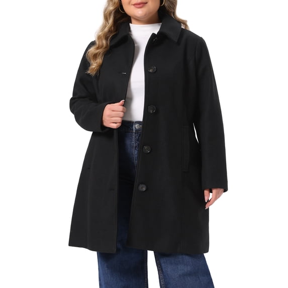 Agnes Orinda Women's Plus Size Lapel Collar Coat Single Breasted Mid Length Long Sleeve Winter Soft Warm Casual Business Overcoat with Pocket 2X Black
