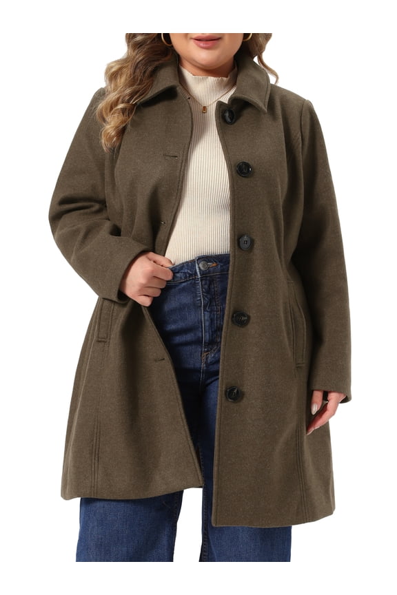 Women's Plus Size Lapel Collar Coat Single Breasted Mid Length Long Sleeve Winter Soft Warm Casual Business Overcoat with Pocket 2X Brown