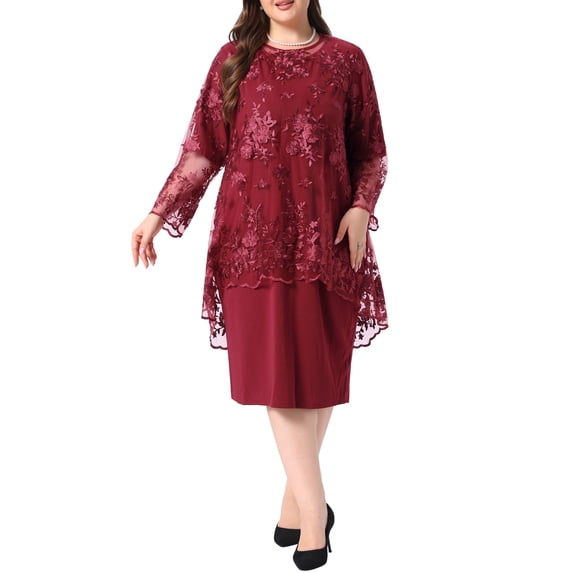 Agnes Orinda Women's Plus Size 2 Layer Floral Lace Dress Crew Neck 3/4 Flare Bell Sleeve Cocktail Party Elegant Wedding Dresses L Burgundy