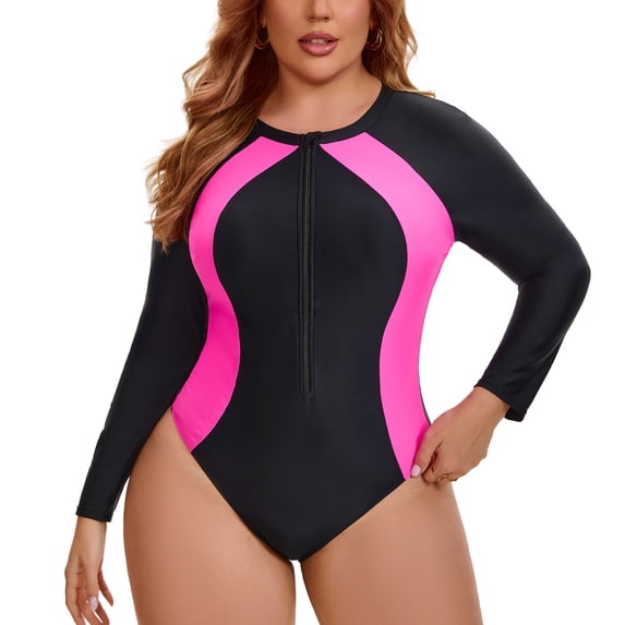 Agnes Orinda Surfing Bathing Suit Women's Plus Size 1 Piece Long Sleeve Swimsuits Zip Front Surfing Bathing Suit Beach Full Coverage Swimwear 1X Black Fuchsia