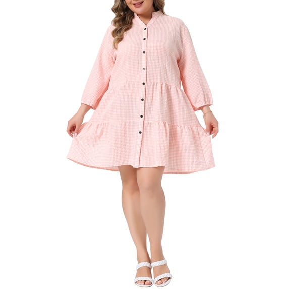 Agnes Orinda Women's Plus Size Gingham Tiered Shirt Dress Plaid V Neck Button 3/4 Puff Sleeve Vacation Casual Babydoll Dresses 3X Pink
