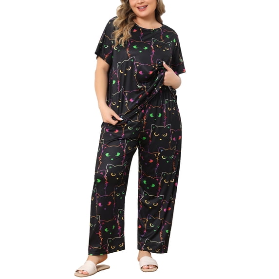 Agnes Orinda Women's Plus Size Halloween Pumpkin Print Pajama Set Short Sleeve Crew Neck Top and Elastic Waist Long Pants Lounge Soft Sleepwear 2X Black