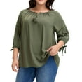 thumbnail image 1 of Agnes Orinda Women Plus Size Tops Tie Neck 3/4 Sleeves Hollow Out Tassel Bowknot Casual Tunic Blouse 4X Green, 1 of 6