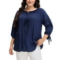 thumbnail image 1 of Agnes Orinda Women Plus Size Tops Tie Neck 3/4 Sleeves Hollow Out Tassel Bowknot Casual Tunic Blouse 4X Navy Blue, 1 of 6
