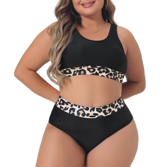 Agnes Orinda Women'’Plus Size Two Piece Swimsuits for High Waisted Leopard Bikini Set Sporty Bathing Suits