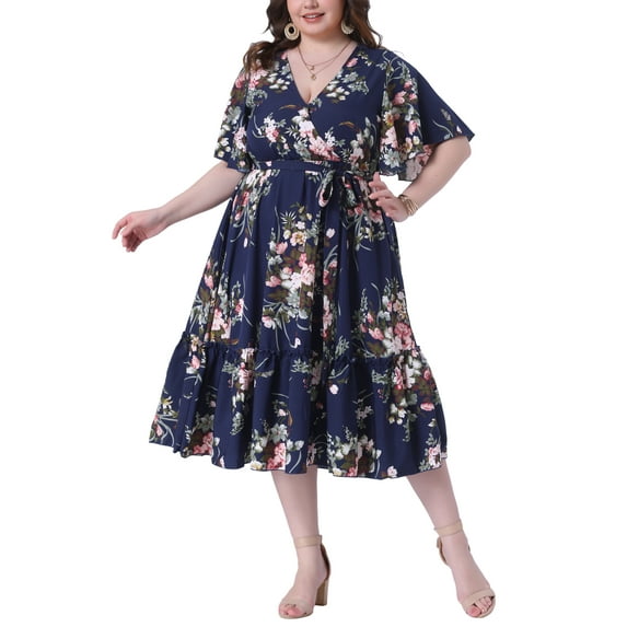 Agnes Orinda Women's Plus Size Summer Dress Floral Tiered Wrap V Neck Ruffle Short Sleeves Casual Maxi Dress with Belt 1X Navy Blue