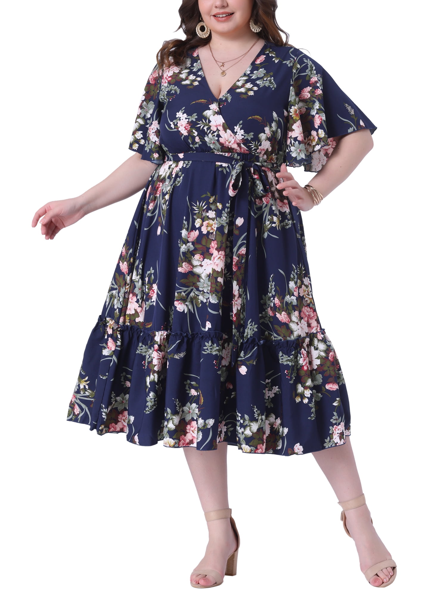 navy blue floral wrap dress Navy Floral Short Sleeve Wrap Dress PinkBlush