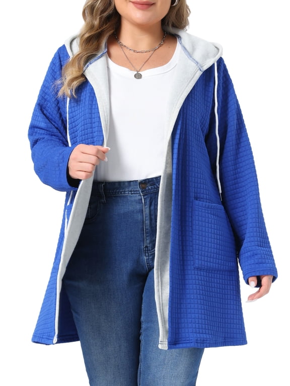 Women's Plus Size Waffle Knit Hooded Jacket Contrast Trim Full Zip Long Sleeve Casual Fall Coat with Pockets 3X Blue