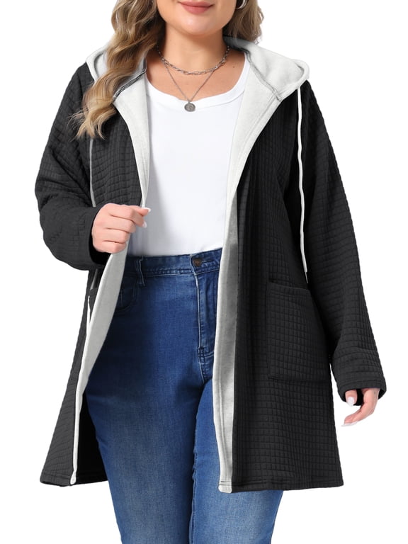 Women's Plus Size Waffle Knit Hooded Jacket Contrast Trim Full Zip Long Sleeve Casual Fall Coat with Pockets L Black