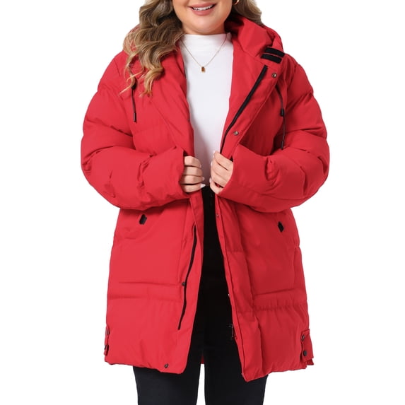 Agnes Orinda Women's Plus Size Hooded Padded Jacket Zip Snap Warm Outerwear Outdoor Winter Mid‑Length Quilted Winter Coat with Pockets 2X Red