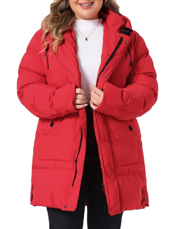 Women's Plus Size Hooded Padded Jacket Zip Snap Warm Outerwear Outdoor Winter Mid‑Length Quilted Winter Coat with Pockets 2X Red