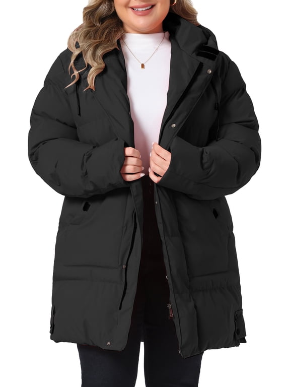 Women's Plus Size Hooded Padded Jacket Zip Snap Warm Outerwear Outdoor Winter Mid‑Length Quilted Winter Coat with Pockets 4X Black