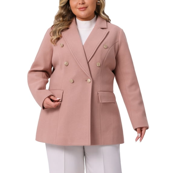 Agnes Orinda Women's Plus Size Coat Notch Double-Breasted Lapel Jacket Outwear Word Casual Coats with Pockets 1X Pink