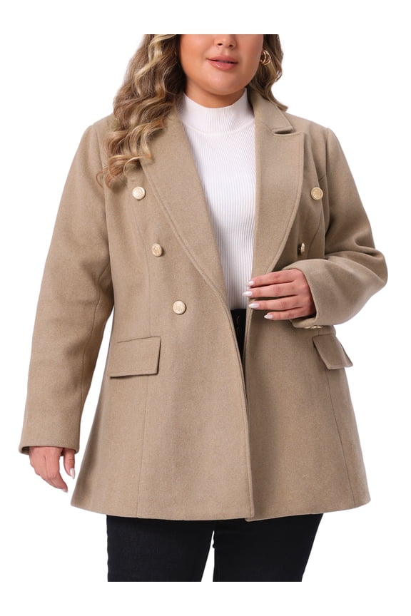 Women's Plus Size Coat Notch Double-Breasted Lapel Jacket Outwear Word Casual Coats with Pockets 2X Camel