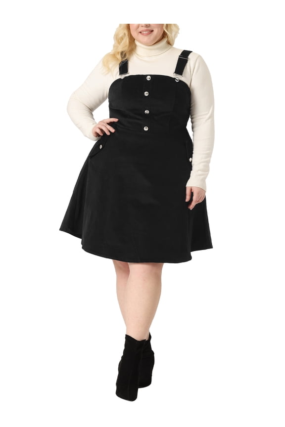 Women's Plus Size Corduroy Pinafore Short Dress Overall Dresses Suspender Skirt with Pocket 1X Black